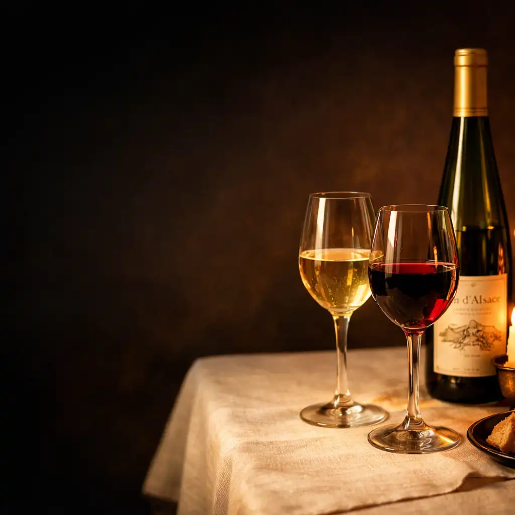 Table de restaurant élégante avec deux verres de vin et une bouteille de vin d'Alsace, sur une nappe en lin crème, dans une ambiance tamisée et chaleureuse.
