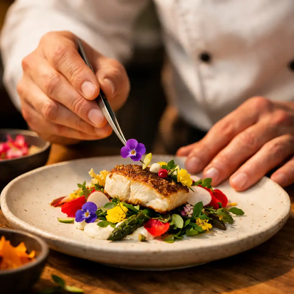 Chef dressant une assiette avec précision en cuisine
