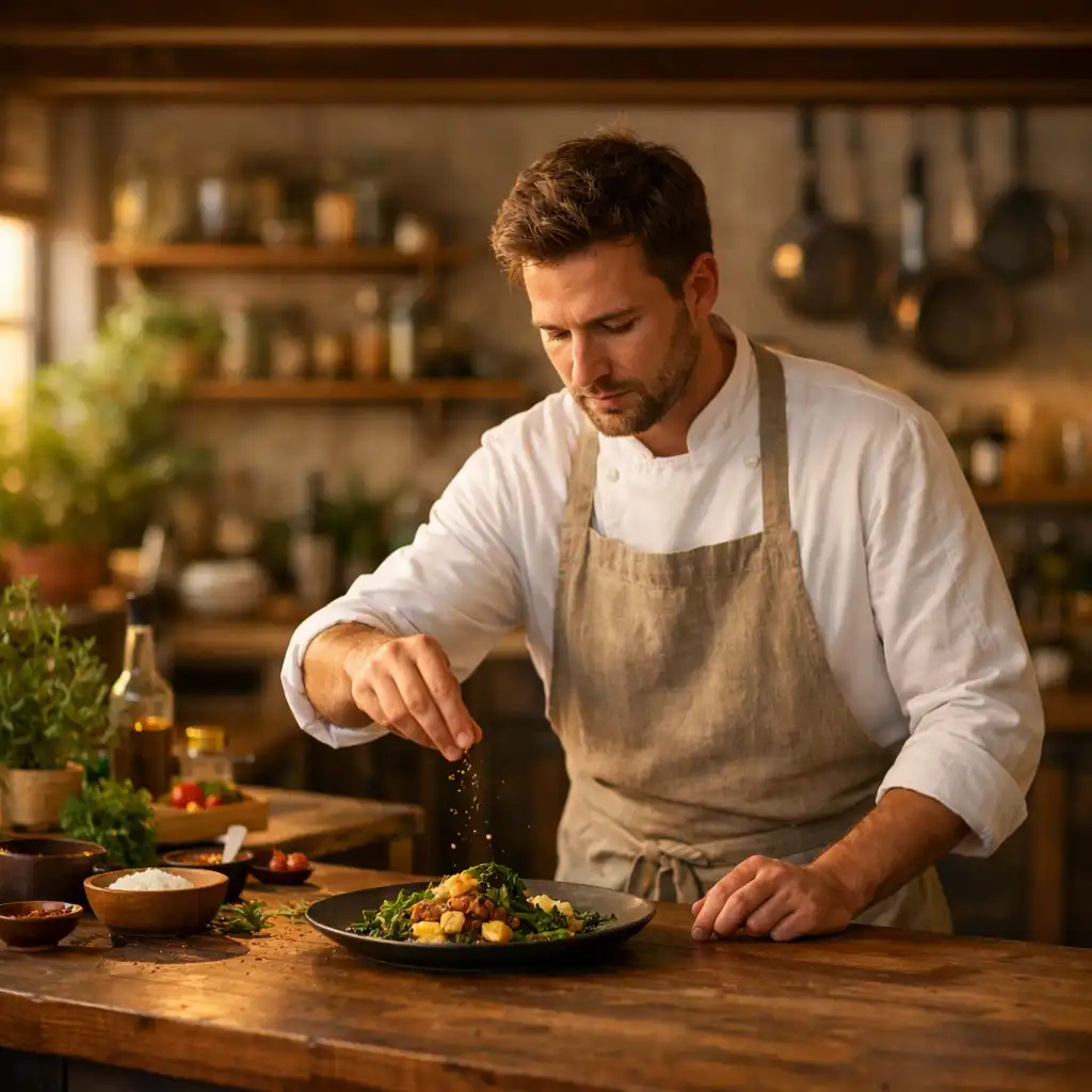 Le chef de Grandcrownescape dans la cuisine, lumière naturelle du soir, tablier en lin, geste précis