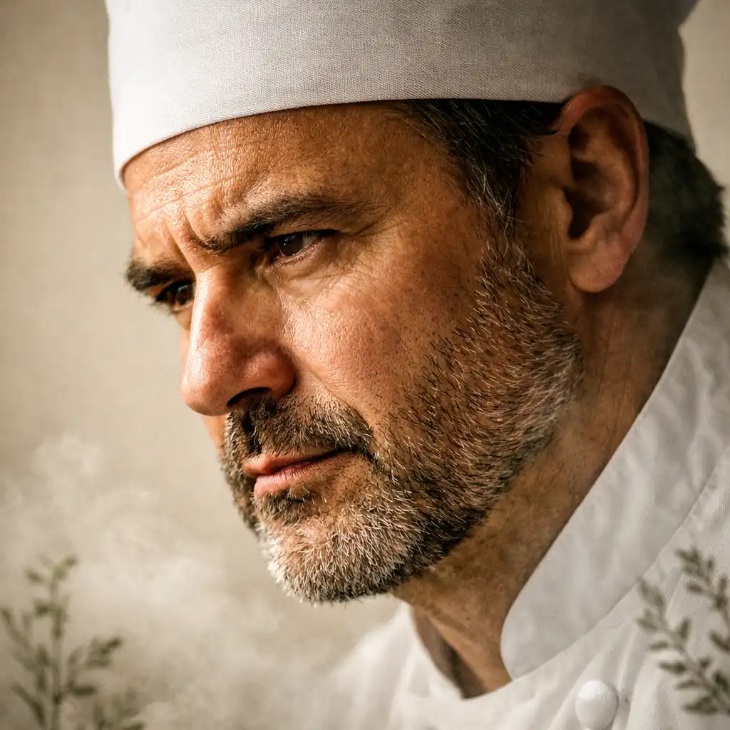 Portrait du chef Julien Moreau, expression concentrée et passionnée, éclairage latéral doux