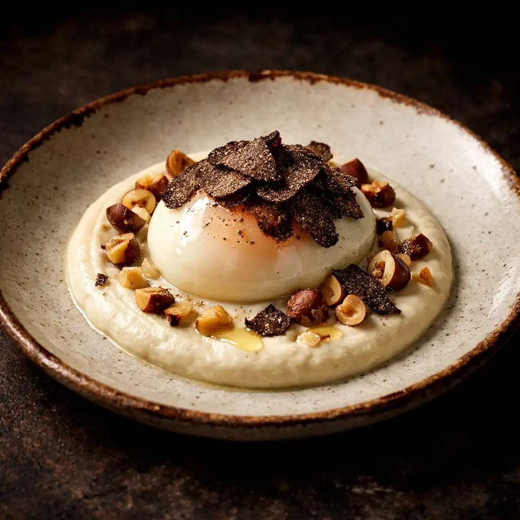 Œuf parfait, crème de topinambour, truffe noire et noisettes torréfiées