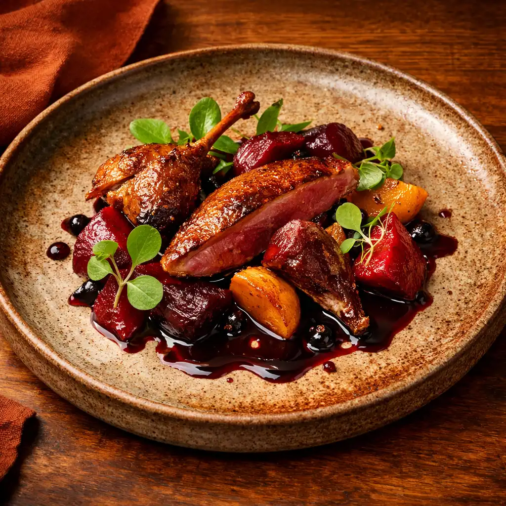 Pigeon rôti, betteraves confites et jus réduit au cassis