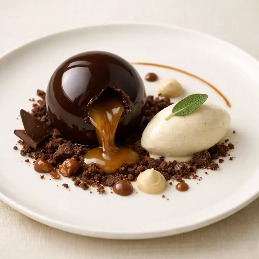 Sphère chocolat grand cru, cœur coulant au caramel de sauge et glace au lait d'amande