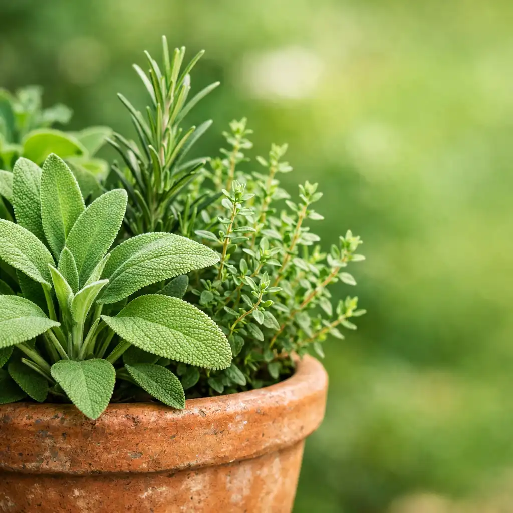 Herbes fraîches dans un pot en terre cuite