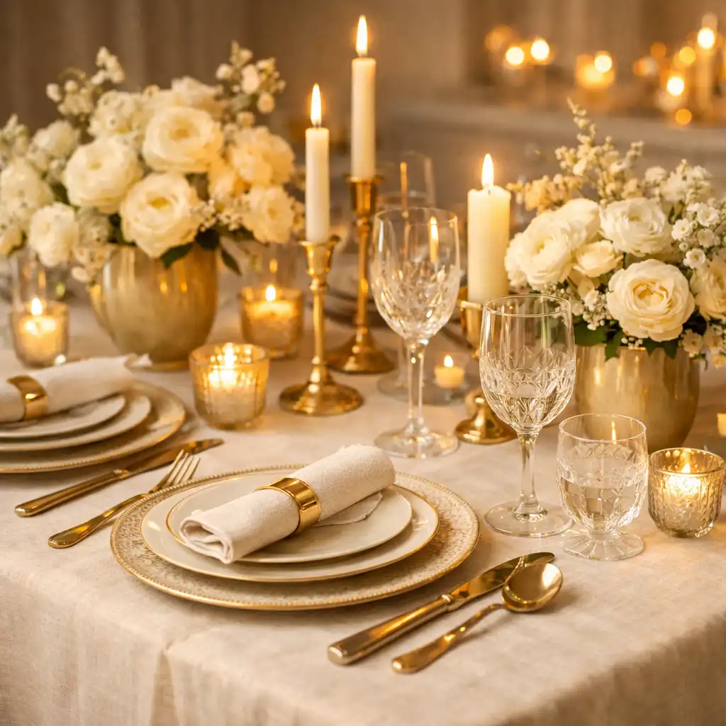 Table dressée pour un dîner privé avec nappe en lin, bougies et fleurs fraîches