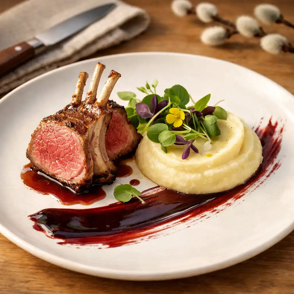 Assiette dressée avec précision : carré d'agneau rosé, purée de céleri-rave et réduction de vin rouge