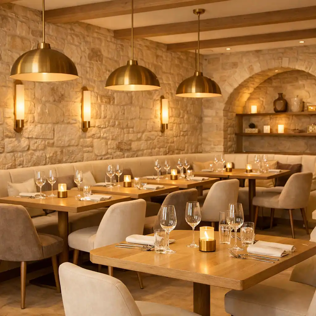 Salle principale avec murs en pierre naturelle et tables en bois clair