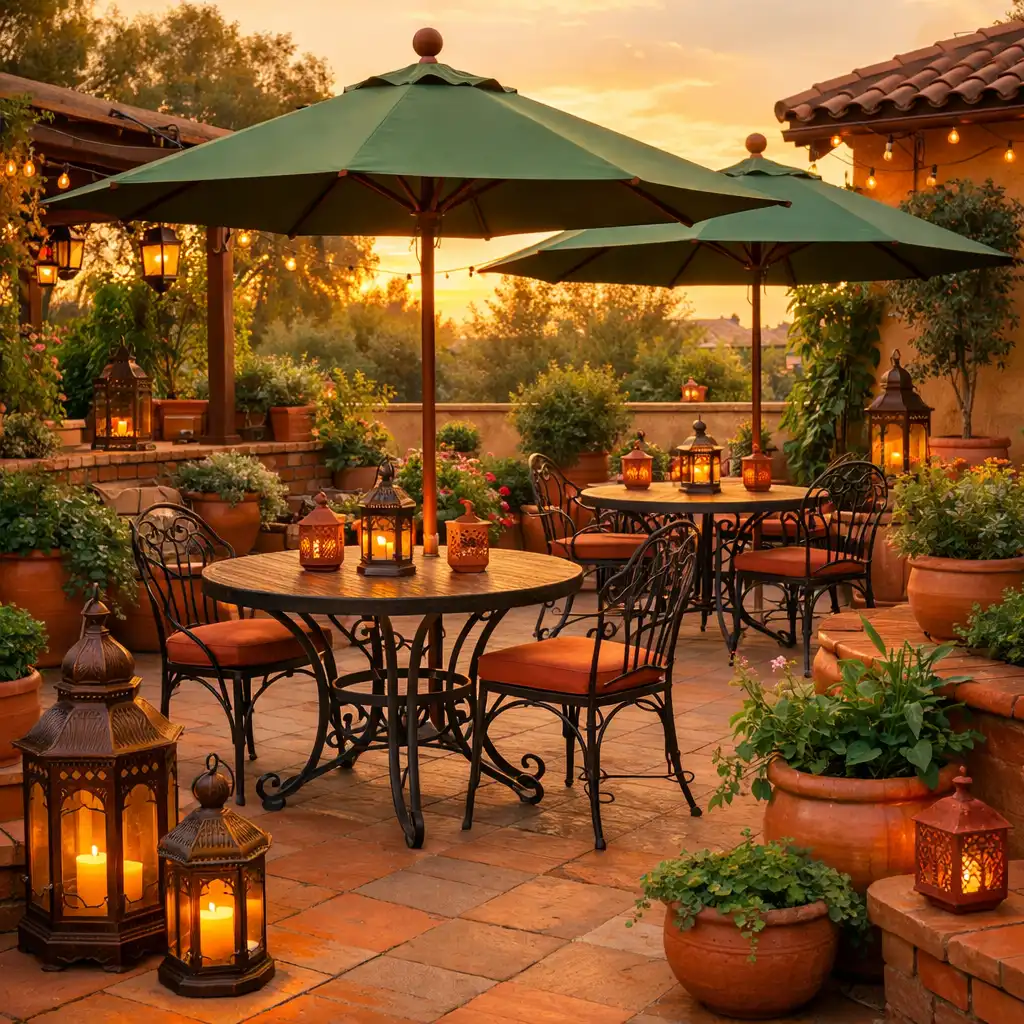 Terrasse-jardin ombragée avec tables en fer forgé et lanternes