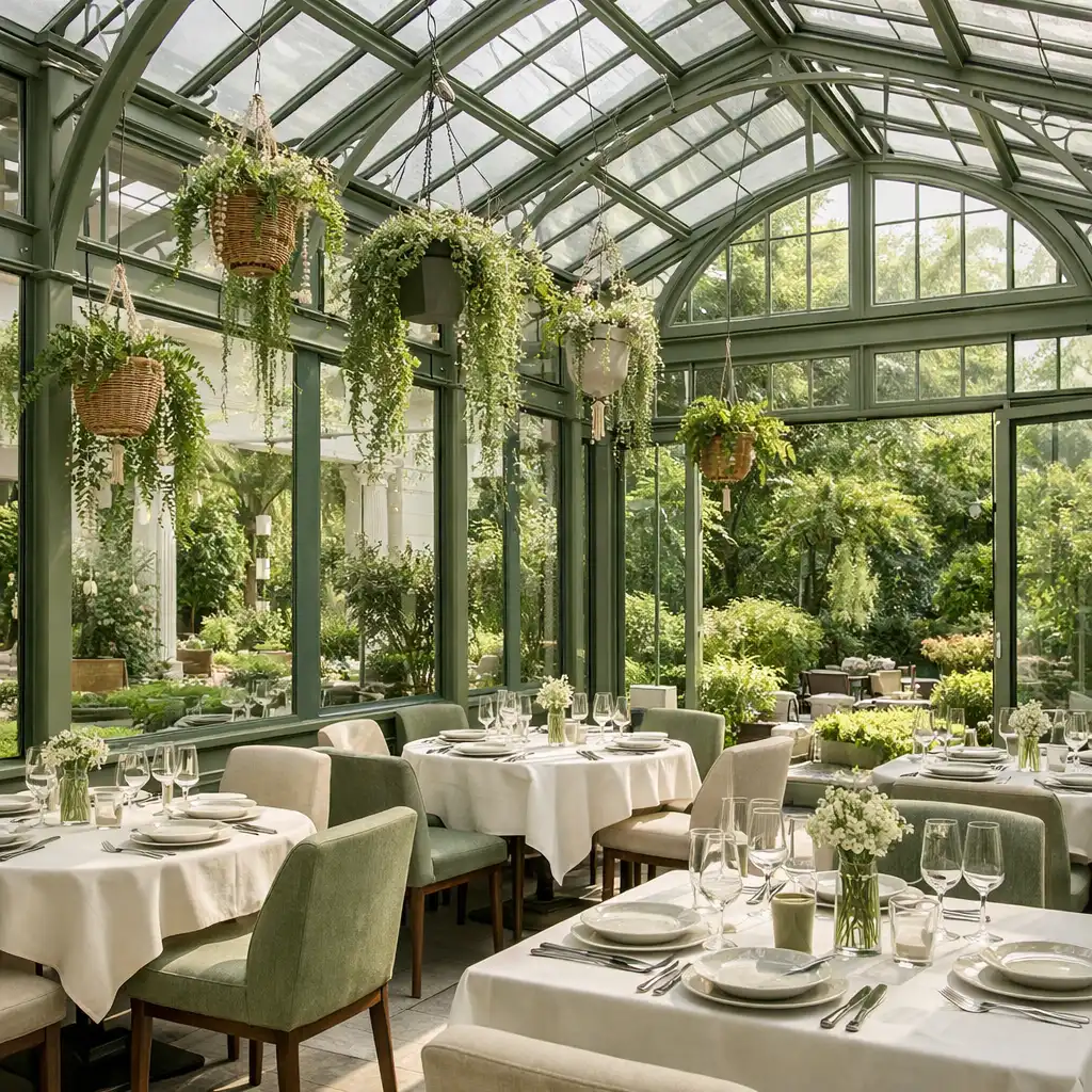 Verrière baignée de lumière naturelle avec plantes suspendues