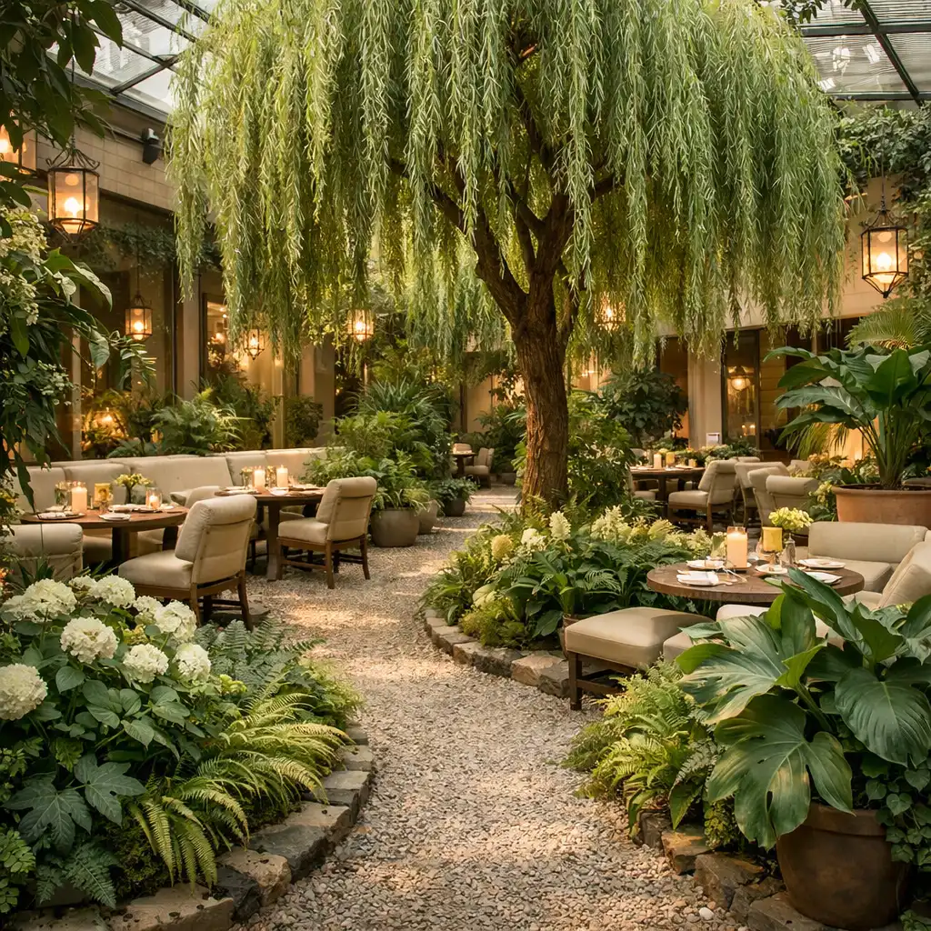 Jardin intérieur avec plantes luxuriantes et saule pleureur