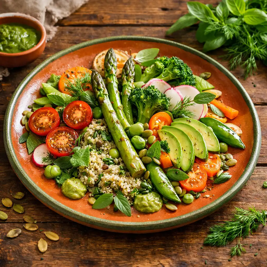 Plat végétal coloré avec légumes de saison et herbes fraîches