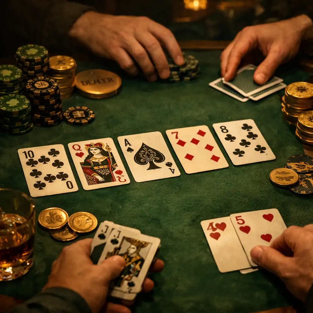 Détail de la table de poker avec cartes et jetons symboliques
