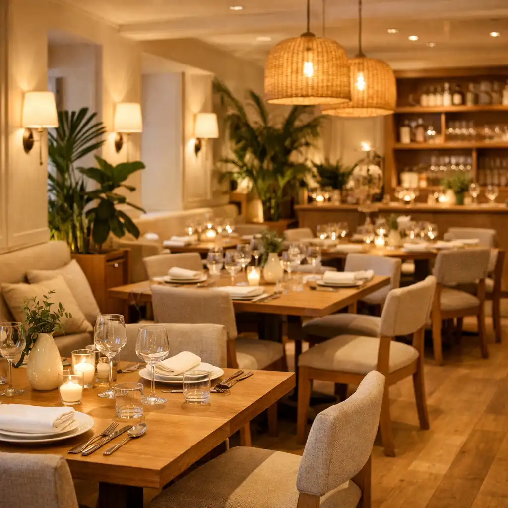 Vue d'ensemble de la salle du restaurant avec tables dressées et plantes