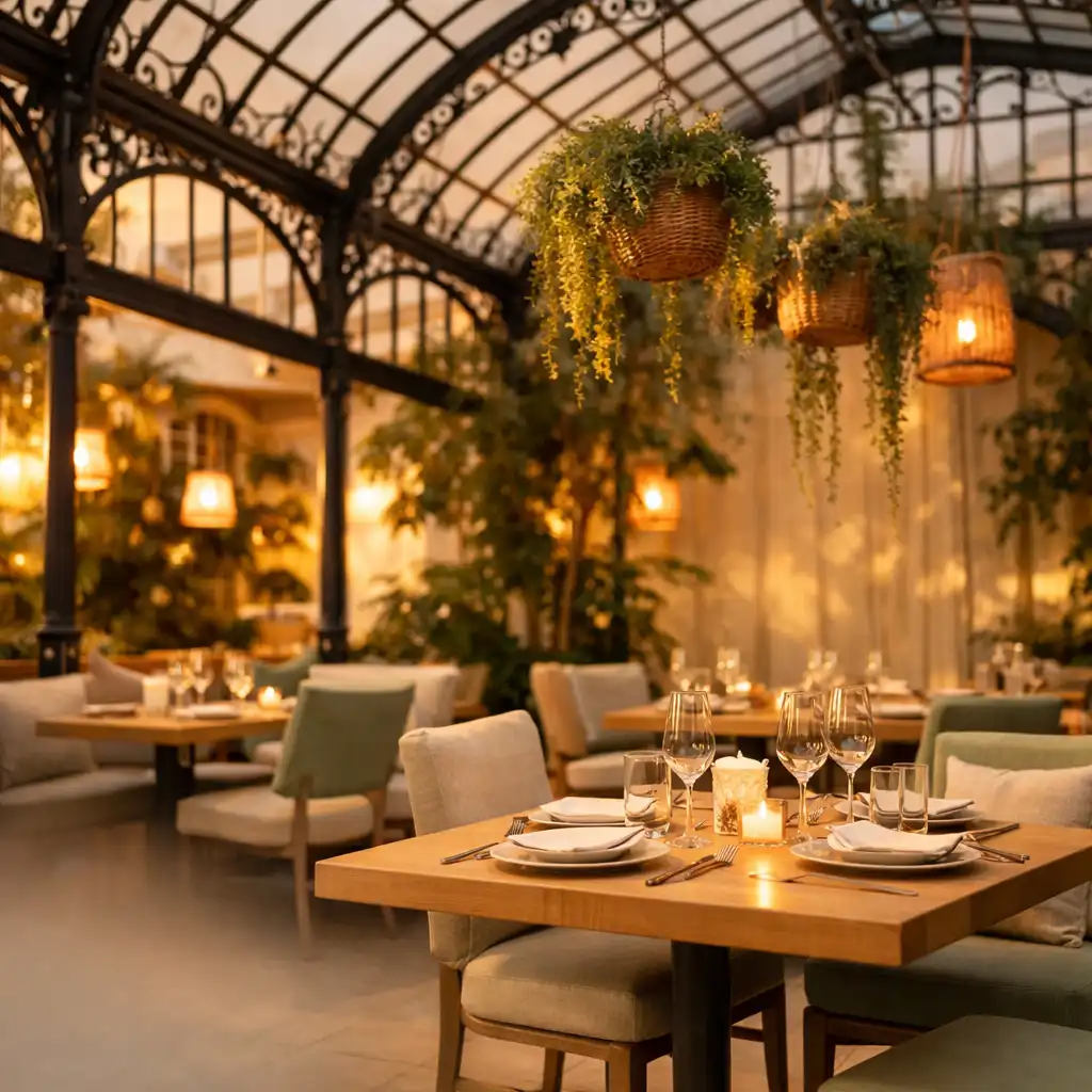 Salle du restaurant Grandcrownescape avec verrière, plantes suspendues et lumière du soir