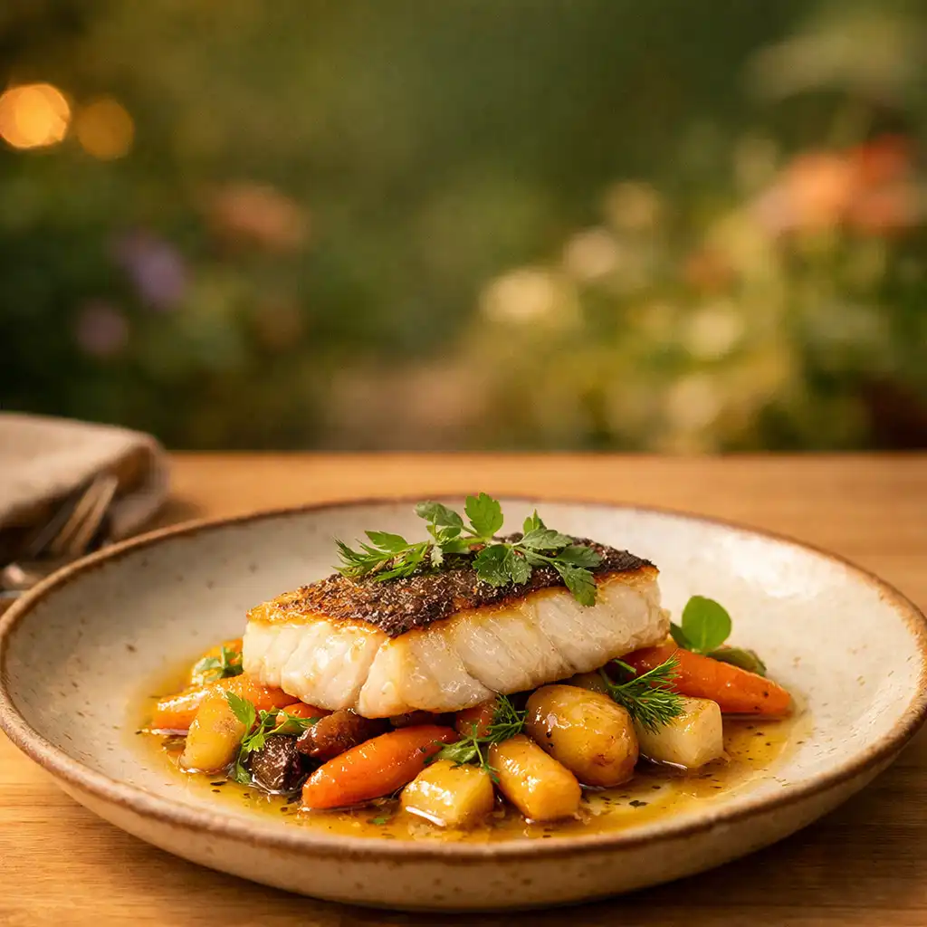 Plat saisonnier élégant sur une table en bois clair, avec un filet de poisson délicatement posé sur des légumes racines glacés et des herbes fraîches, dans une ambiance feutrée de jardin botanique.