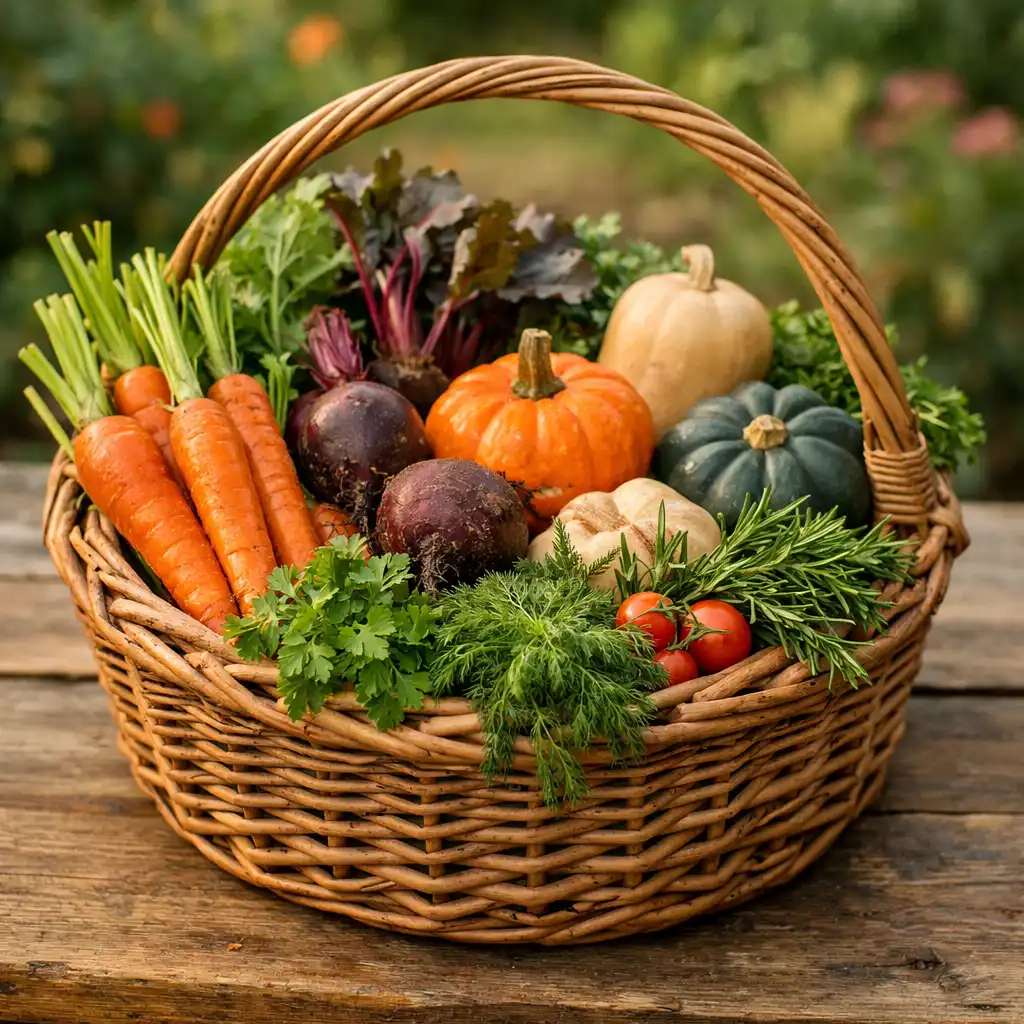 Panier en osier rempli de légumes de saison variés, posé sur une table en bois rustique avec un fond flou de jardin.