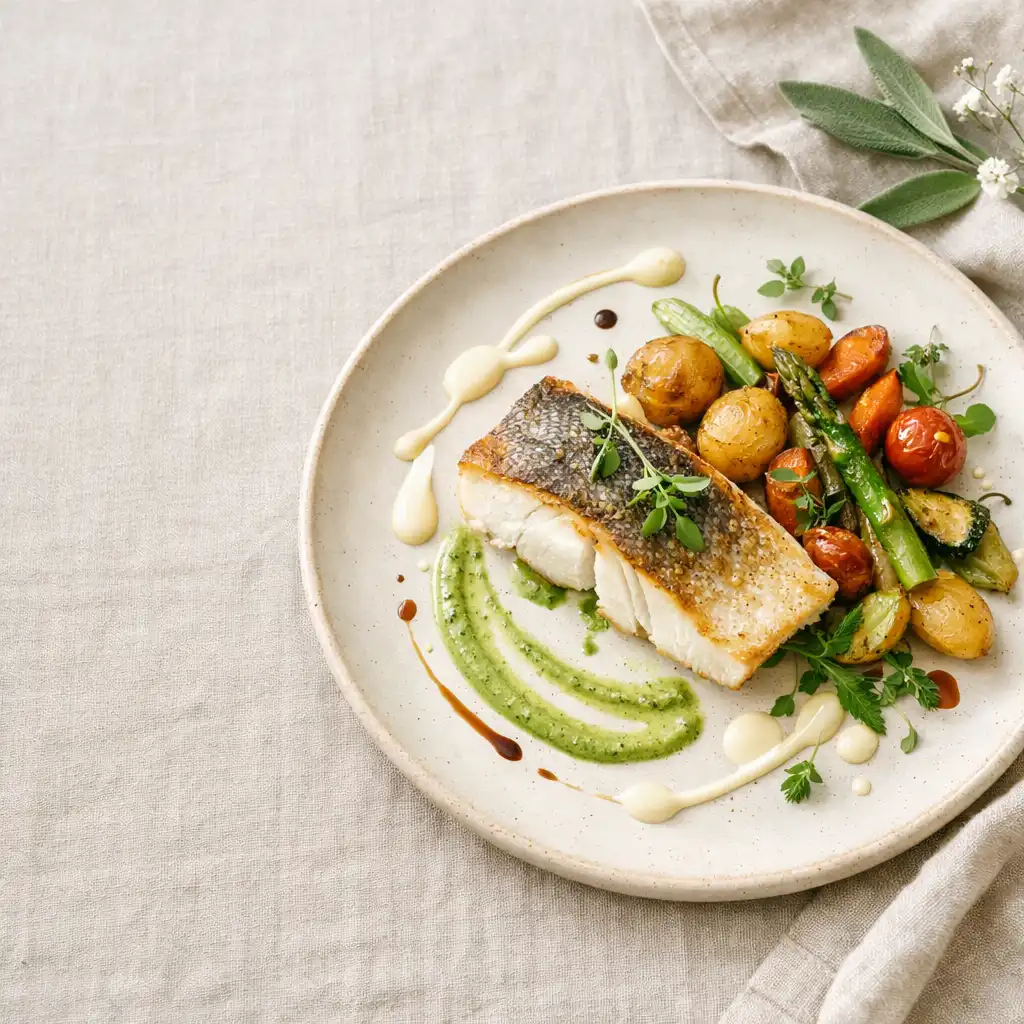Assiette de saison avec filet de poisson, légumes rôtis et herbes fraîches