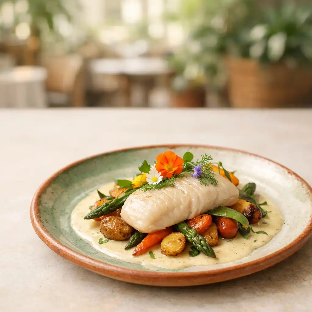 Plat signature du Grandcrownescape : filet de poisson nacré, légumes rôtis et fleurs comestibles sur une assiette en céramique artisanale