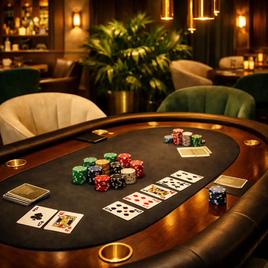 Salon de poker élégant avec table en bois, cartes et jetons symboliques, ambiance tamisée