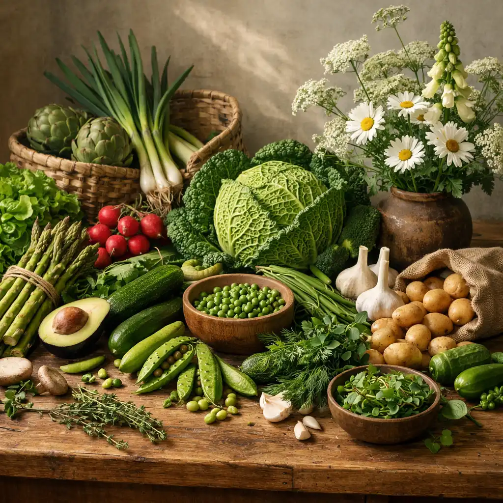 Étalage de produits frais de saison sur une table en bois : légumes, herbes et fleurs