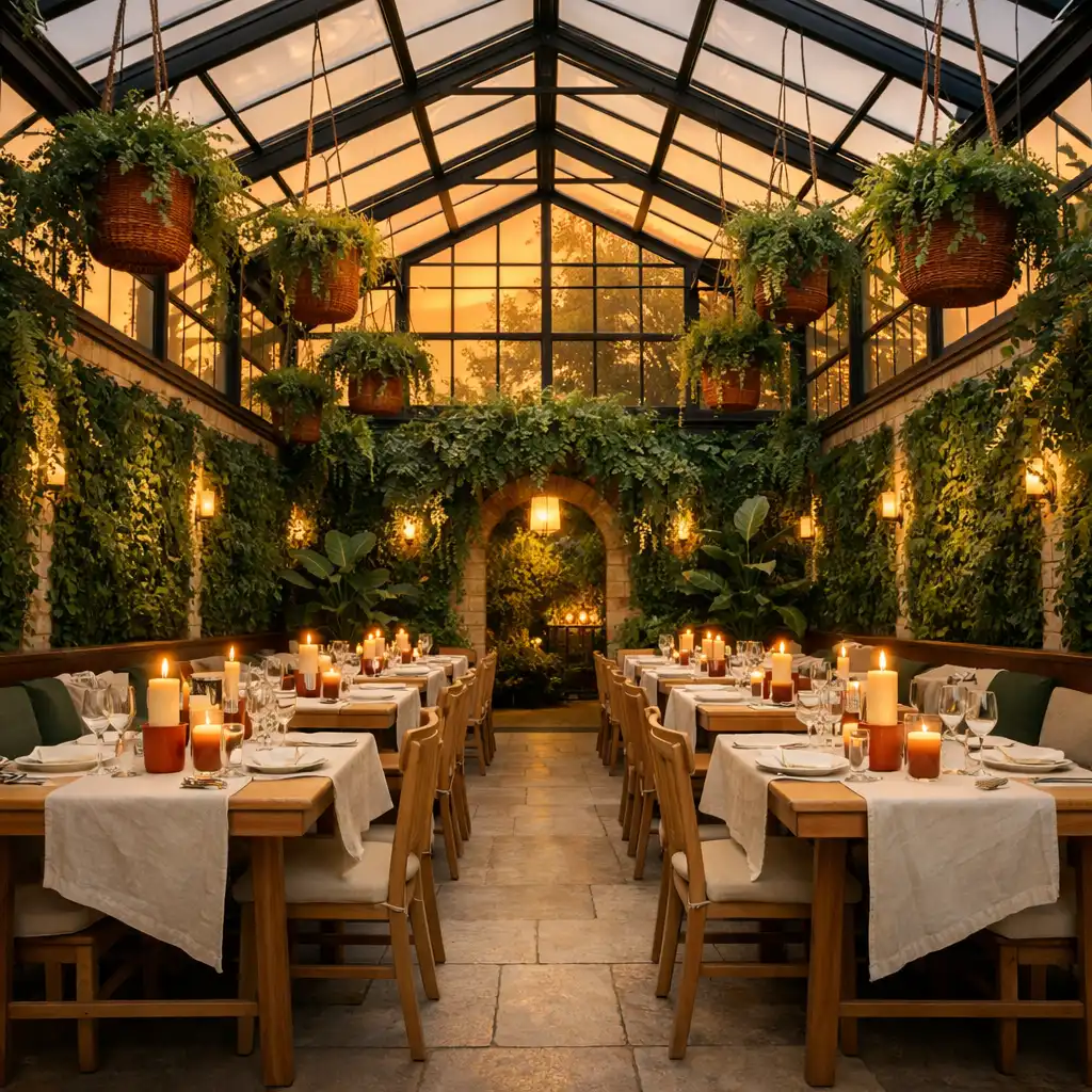 Salle à manger du Grandcrownescape avec verrière, plantes suspendues et tables en bois clair, sans personne visible