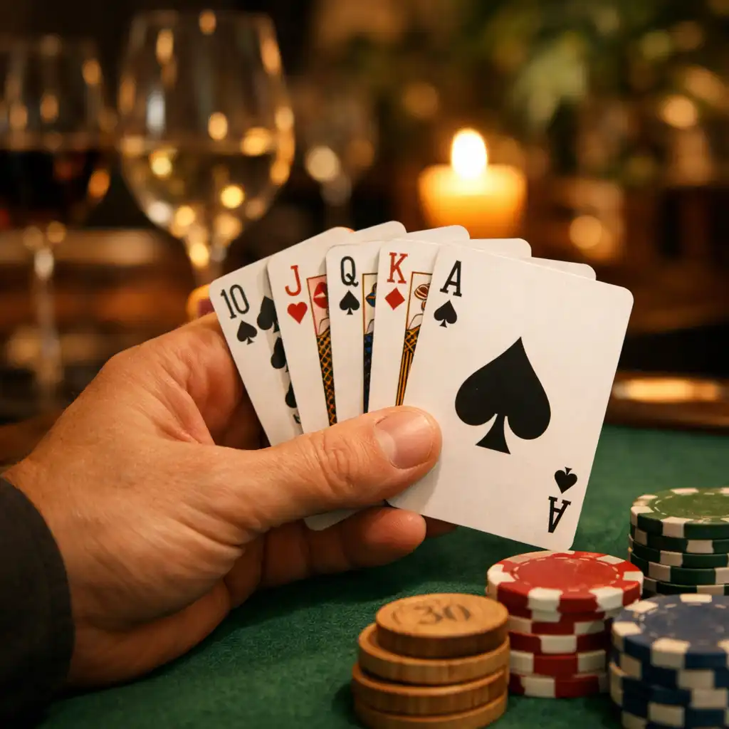 Main tenant des cartes à jouer au-dessus d'une table de poker en feutre vert, jetons symboliques et éclairage de bougie