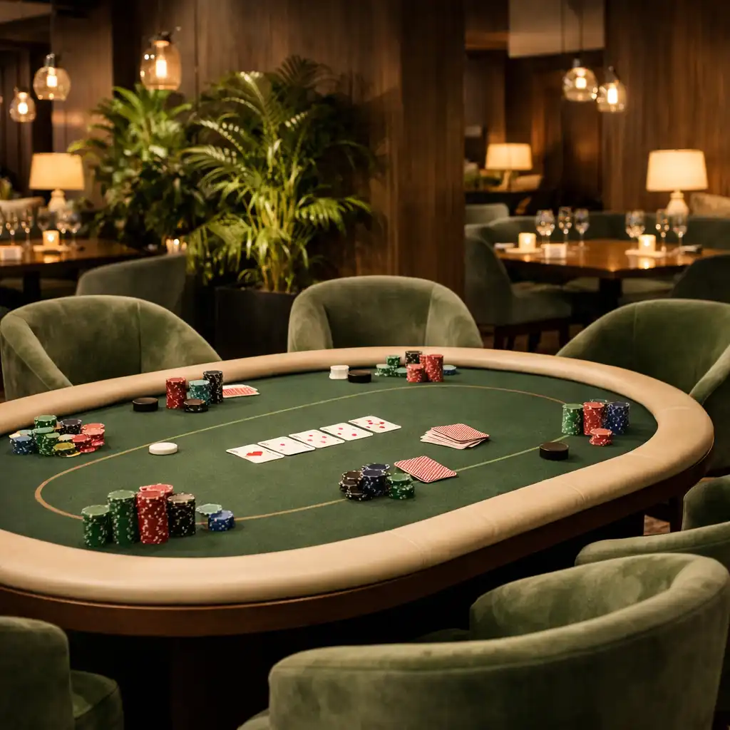 Table de poker élégante dans le salon feutré du Grandcrownescape, avec fauteuils en velours vert et plantes d'intérieur