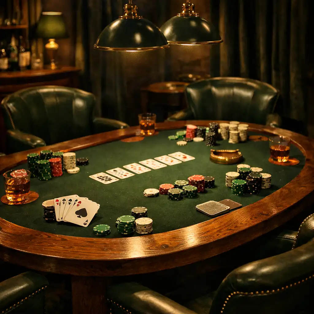 Salon de poker en présentiel avec table en bois massif, cartes et jetons symboliques